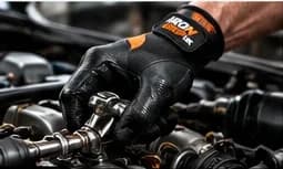 Gloved hand working on a car engine