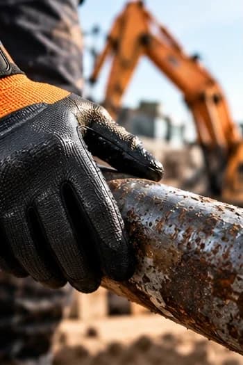 Gloved hand gripping a rusty steel pipe on a building site